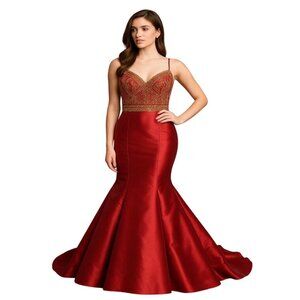 Elegant Beaded Red Satin Mermaid Larissa Gown Spaghetti Straps Flared Hem Size 6
